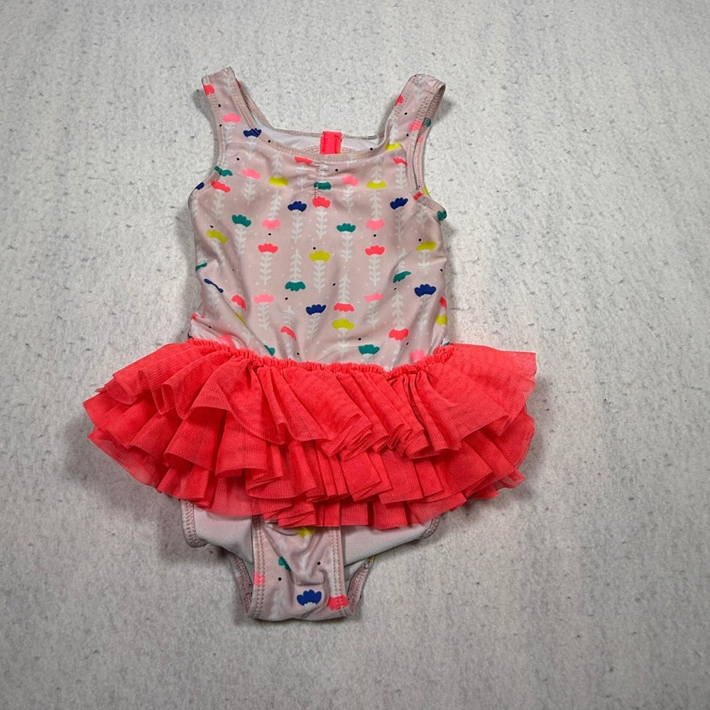 Cat & Jack Toddler Girls Pink Floral Tutu One Piece Swimsuit Size 4T Neon Coral
